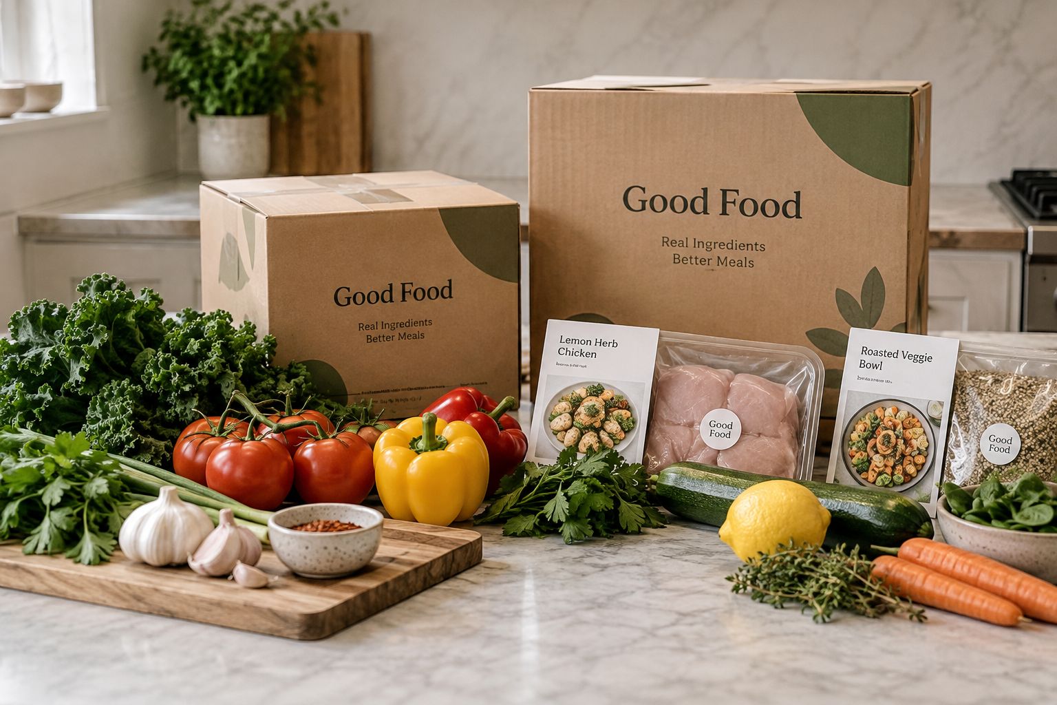 Fresh vegetables and neatly packed meal-kit boxes on a kitchen counter