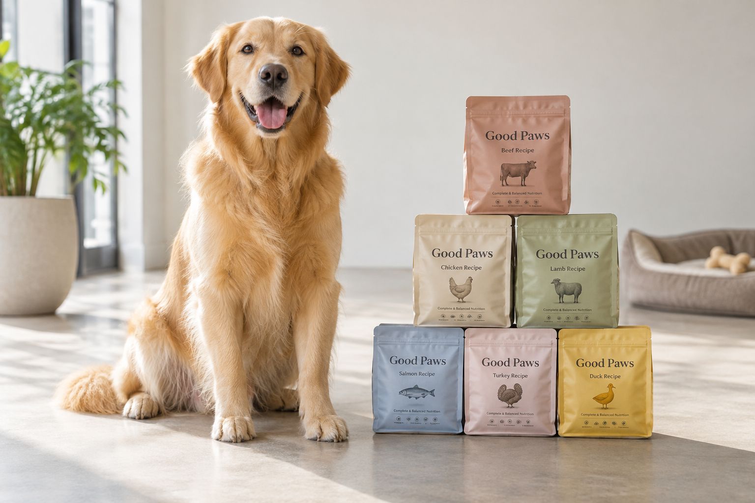 A happy dog beside a neat stack of pet-food pouches