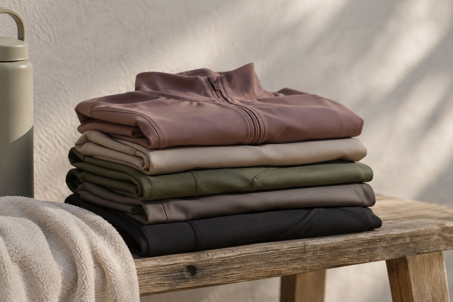 Neatly folded technical activewear stacked on a wooden bench