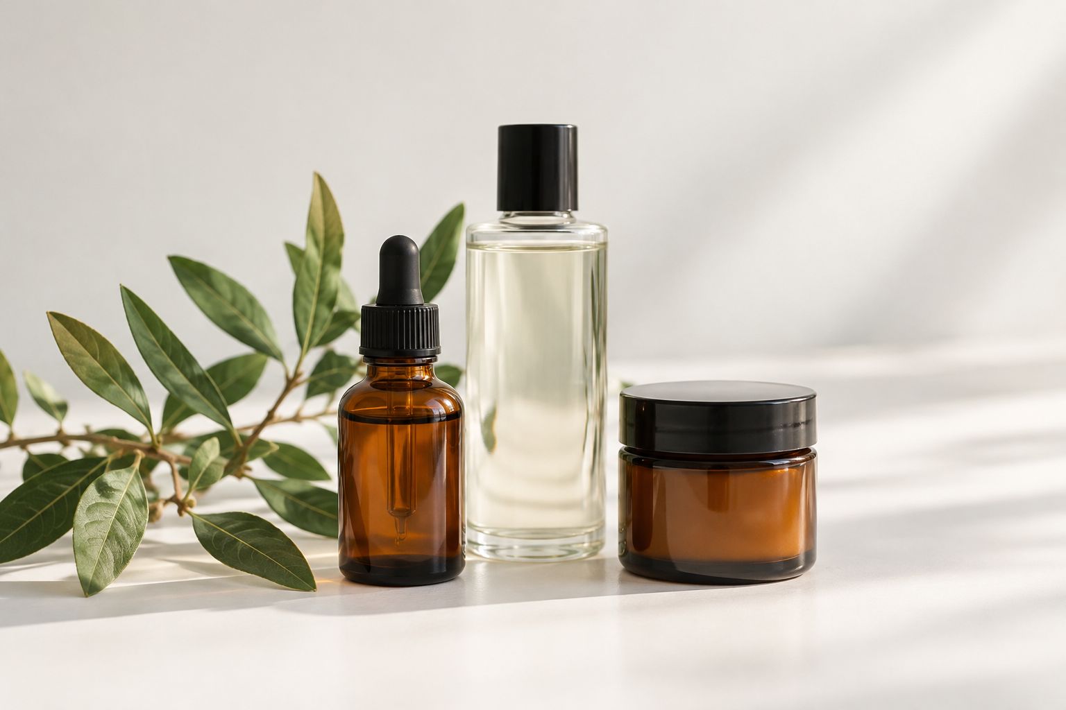 Minimal amber and clear beauty bottles with greenery on a white surface