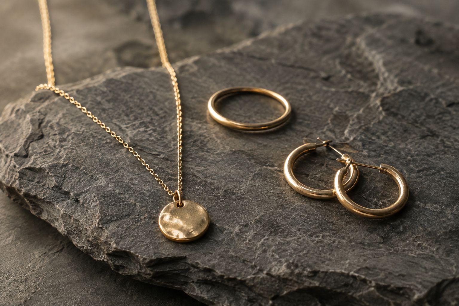 Delicate gold jewelry laid on dark slate with soft light