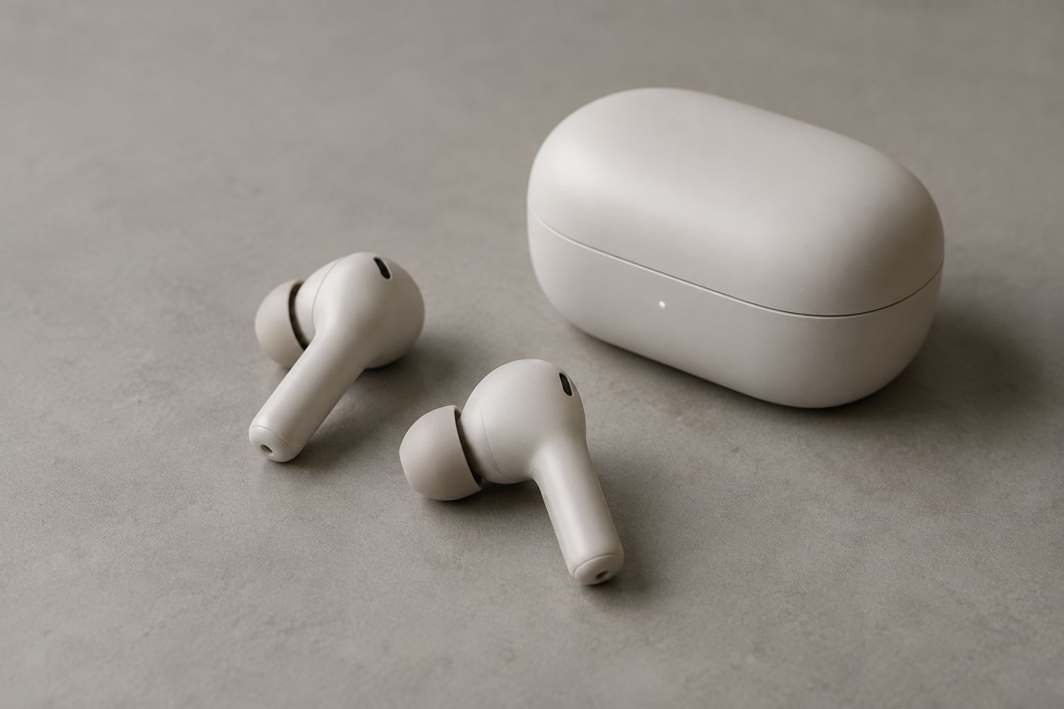 Minimal wireless headphones and a charging case on a matte surface