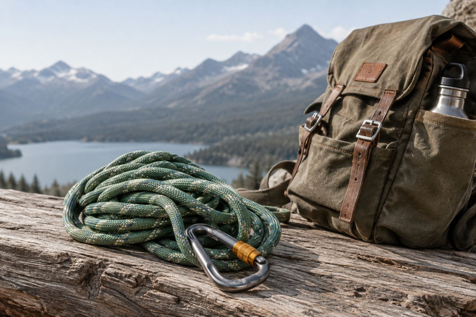 Climbing rope coiled on worn timber beside a backpack