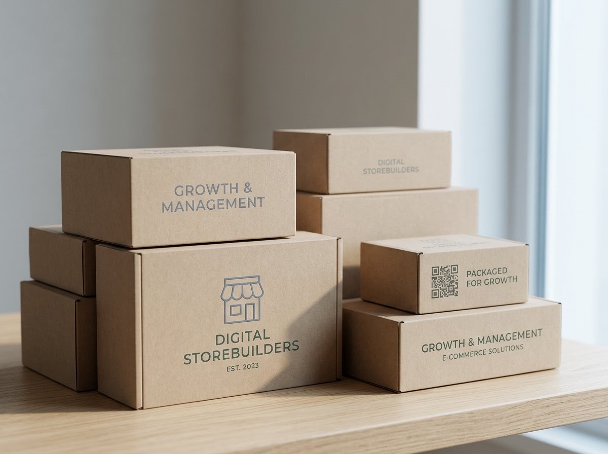 Neatly packed branded ecommerce boxes on a light table
