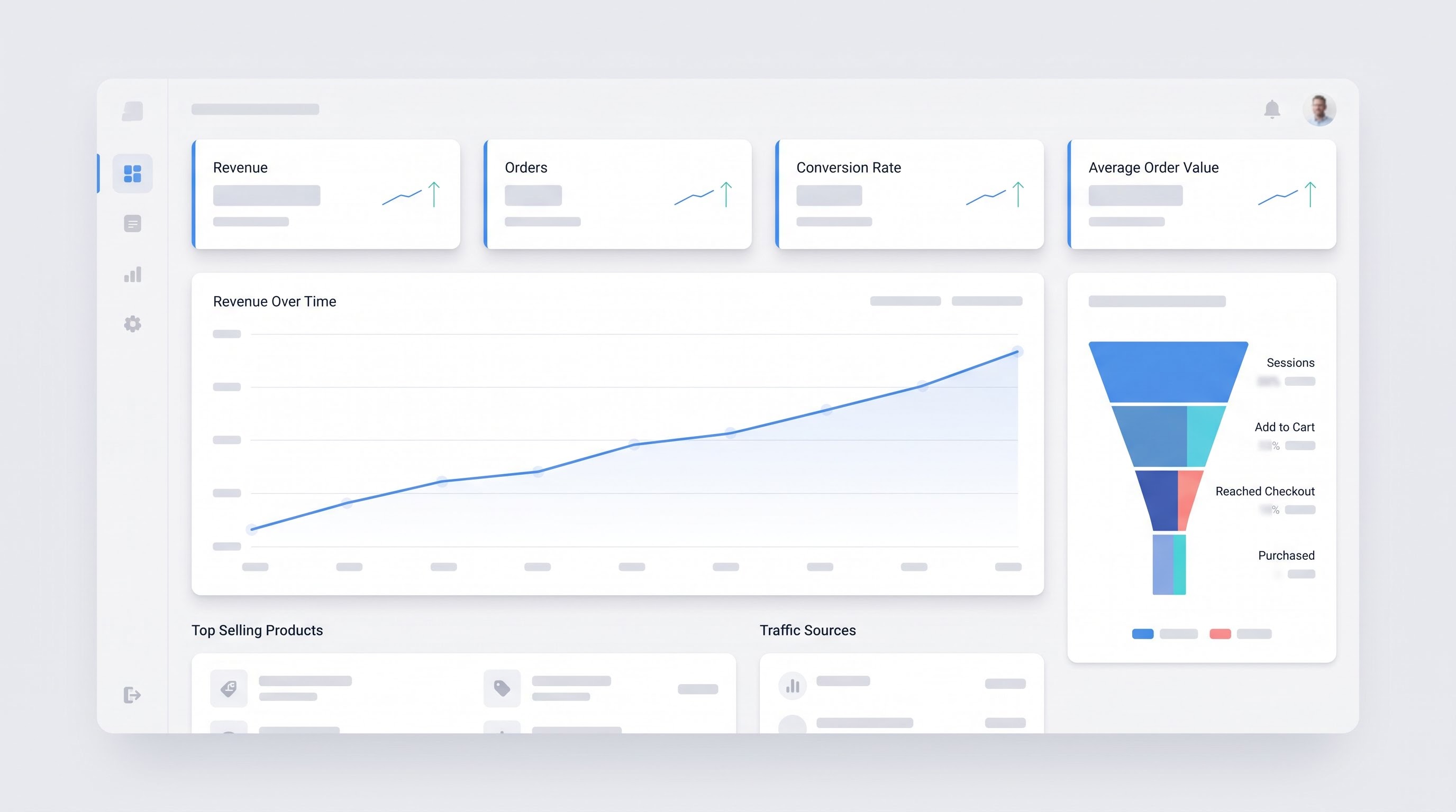 Mocked-up ecommerce dashboard showing rising revenue and conversion