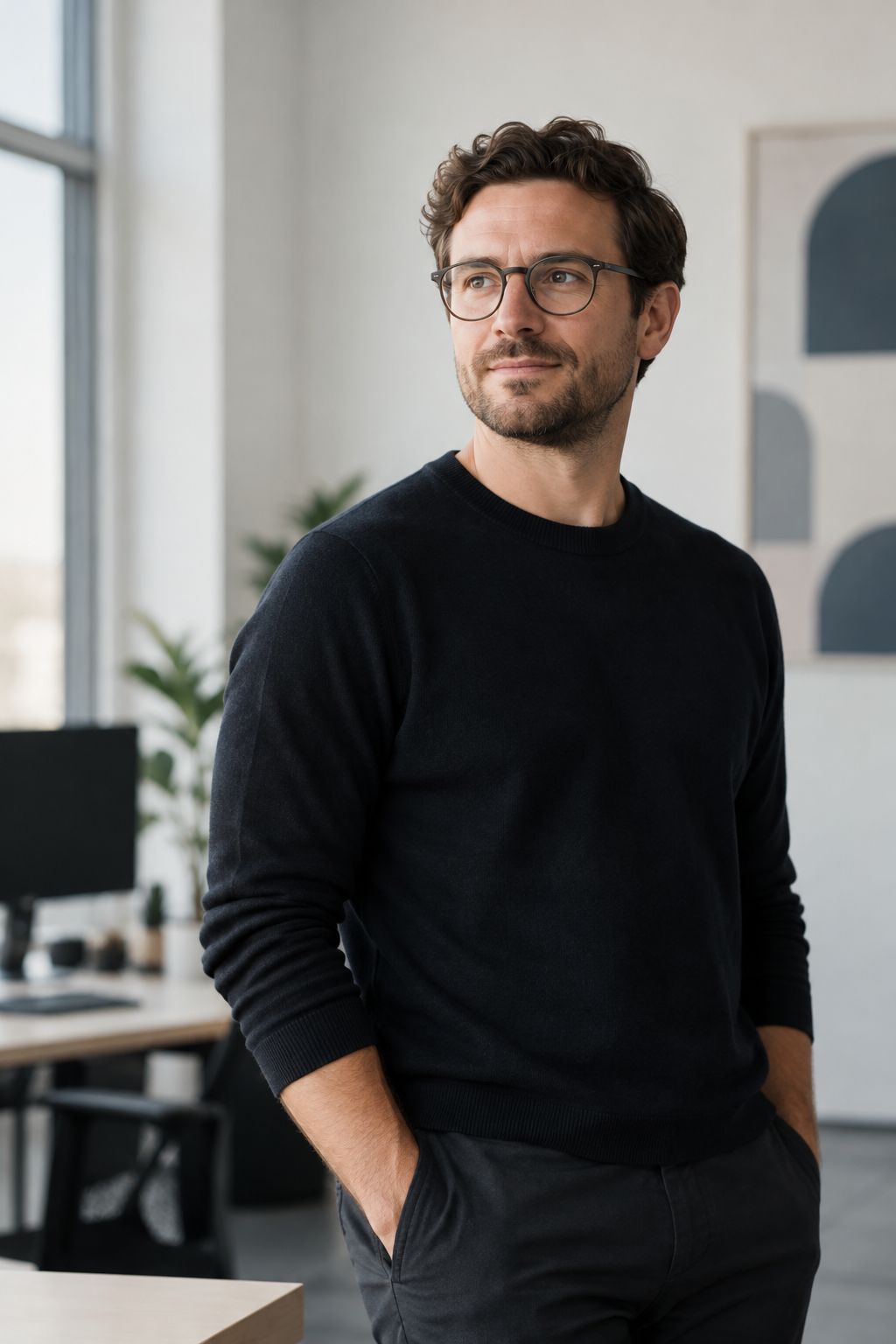 Portrait of a male managing director beside a monitor with a friendly AI interface