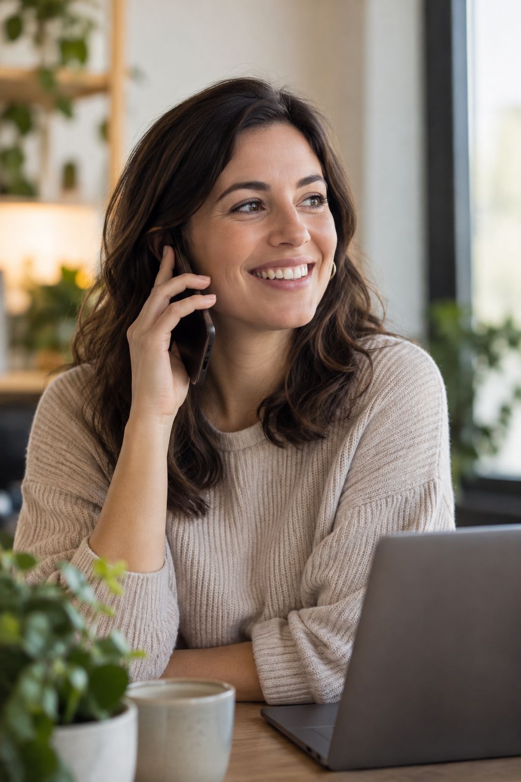 Portrait of a female brand manager holding a phone in a stylish creative office